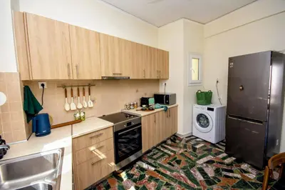 a kitchen with wooden cabinets and a black refrigerator at Avenue of Gods - Irakli's Retreat in Athens