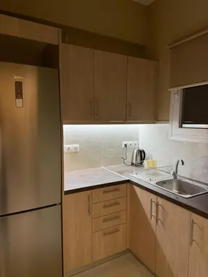 a kitchen with wooden cabinets and a stainless steel refrigerator at Gaia Athens Apartment in Athens