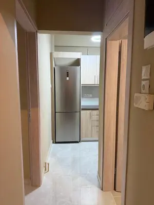 a kitchen with a stainless steel refrigerator in a room at Gaia Athens Apartment in Athens