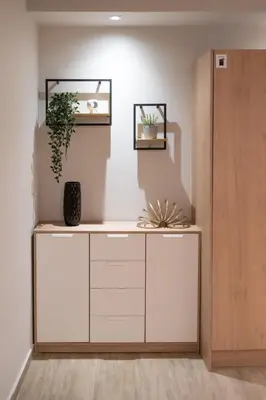 a white cabinet with plants on it in a room at Never Space Up Apartment in Piraeus