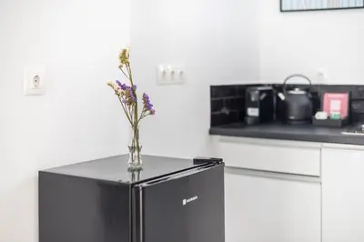 a vase with flowers on top of a refrigerator in a kitchen at Huge Balcony Penthouse in City Center - Zen Asteria in Athens