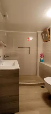a bathroom with a shower and a sink and a toilet at Down Town Flat Apartment in Athens