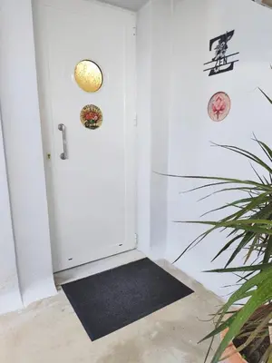 a white door with a black rug next to a plant at Zen Apartment in Athens