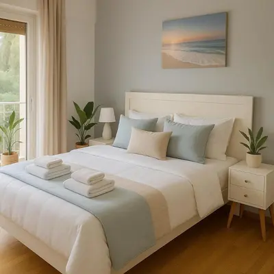 a bedroom with a large bed with towels on it at Lovingly apartment Galatsi 1 in Athens