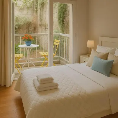 a bedroom with a large white bed with towels on it at Lovingly apartment Galatsi 1 in Athens