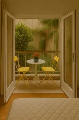 a painting of a balcony with a table and chairs at Lovingly apartment Galatsi 1 in Athens