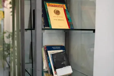 two books sitting on a shelf in a bookcase at Sani Suite 7 in Athens