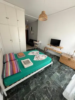 a room with a bed and a desk with a laptop at Cósy apartment in Palaiá Fókaia