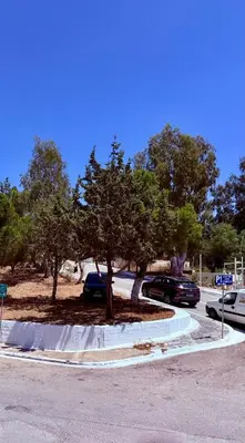 a group of cars parked in a parking lot with trees at Cósy apartment in Palaiá Fókaia