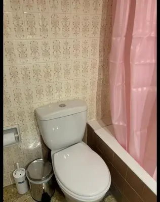 a bathroom with a toilet and a pink shower curtain at Dream room 3-4 in Athens