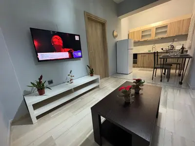 a living room with a flat screen tv on a wall at Athens station 4 min walk , two bedroom apartment in Athens