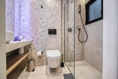 a bathroom with a shower and a toilet in it at Acropolis Museum Studios in Athens