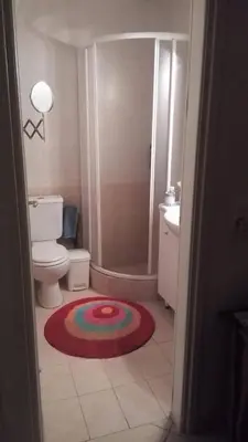 a bathroom with a toilet and a colorful rug on the floor at Scenic View Apartment by Saronida Beach in Saronida