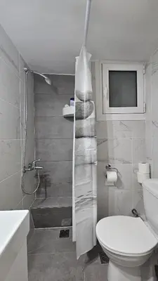 a bathroom with a shower and a toilet and a sink at Lotus Suite Ampelokipoi in Athens