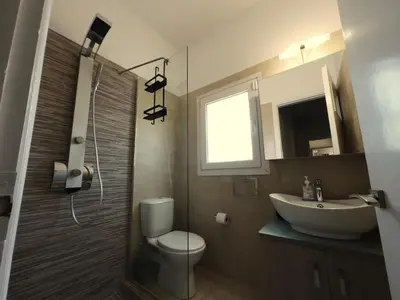 a bathroom with a sink and a toilet and a shower at Chara's Luxury Home in Vravrona