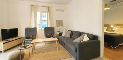 a living room with a couch and a tv and a bed at Condo, Hilton & Caravel area, Athens Center in Athens