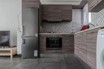 a kitchen with wooden cabinets and a stainless steel refrigerator at Athenian Central Escape in Athens