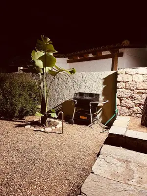 a grill in a yard with a plant next to it at Garden House 2 Bedroom Suite in Vari