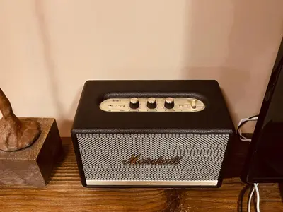 a black and white speaker sitting on a table at Garden House 2 Bedroom Suite in Vari