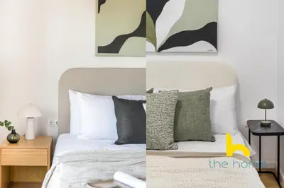 two pictures of a bedroom with a bed with pillows at Modern Athens Stay - 2BR with Balcony, Steps to Metro in Athens