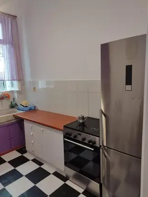 a kitchen with a stove and a refrigerator at Golden room 1 in Athens