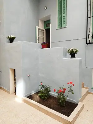 a white wall with flowers in a courtyard at Golden room 3 in Athens