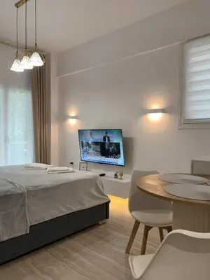 a bedroom with a bed and a table and a tv at Ridis Studio Athens in Athens