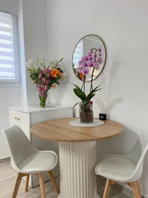 a table with two chairs and a mirror and flowers at Ridis Studio Athens in Athens