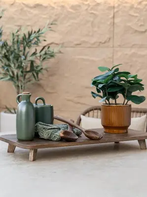 a wooden tray with a green pitcher and a potted plant at Acropolis Atelier, Plunge Pool Apartments in Athens