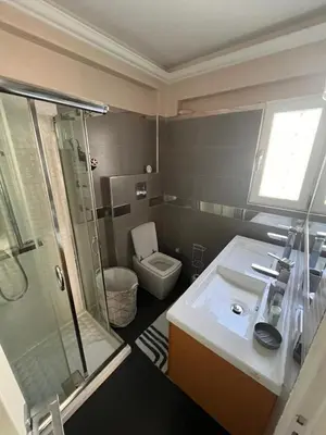 a bathroom with a toilet and a sink and a shower at Apartment Glyfada Athens at One o One Seven, bright and spacious apartment located on the first floor with no elevator in Athens