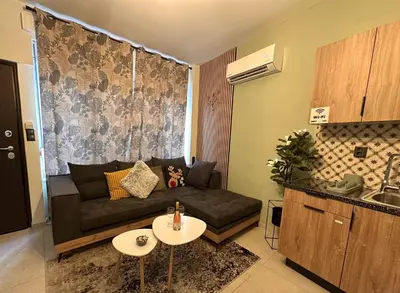 a living room with a couch and a table at National Garden and Panathenaic Stadium area Moden Cozy Studio A in Athens