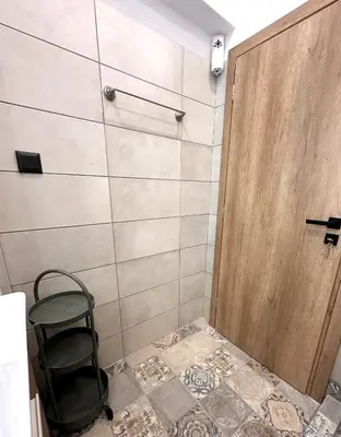 a bathroom with a shower with a wooden door at National Garden and Panathenaic Stadium area Moden Cozy Studio A in Athens