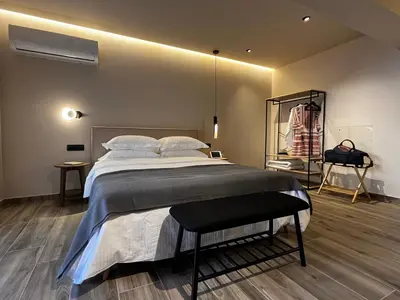 a bedroom with a large bed in a room at Χenion Inn - Athens Airport, Easy Check In Anytime in Markopoulo