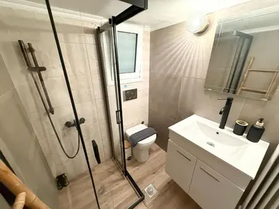 a bathroom with a shower and a sink and a toilet at Gyzi Comfort Apartment in Athens