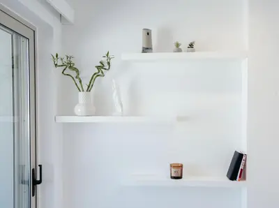 a white shelf with two plants in a room at Ayla Studio Athens in Athens