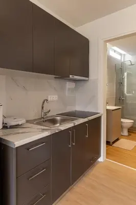 a kitchen with gray cabinets and a sink and a toilet at Urban Athens - Studio #10 in Athens