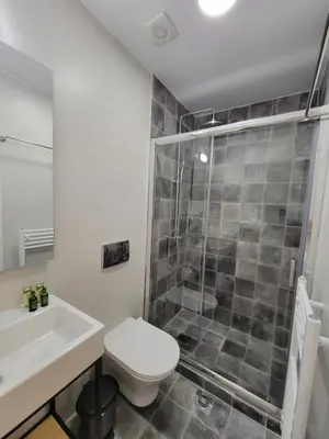a bathroom with a shower and a toilet and a sink at ABIRA's Athens in Athens