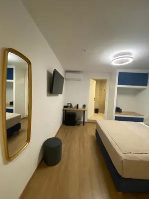 a bedroom with a large bed and a mirror at Living Yard Acropolis Apartments in Athens