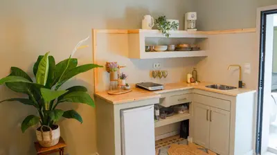 a small kitchen with a sink and a plant at The Clay Nest in Athens