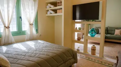 a bedroom with a bed and a flat screen tv at The Garden Loft in Athens