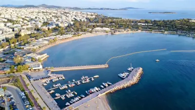 an aerial view of a harbor with boats in the water at Beachside Retreat in Glyfada in Athens