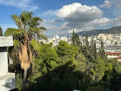 a palm tree in front of a city at AthensView Skyline High-rise with Acropolis view -TWO BEDROOM FLAT in Athens