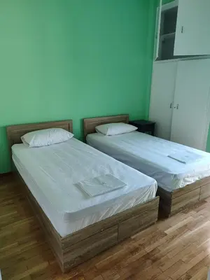 two beds sitting next to each other in a room at Comfortable penthouse in Kallithea in Athens