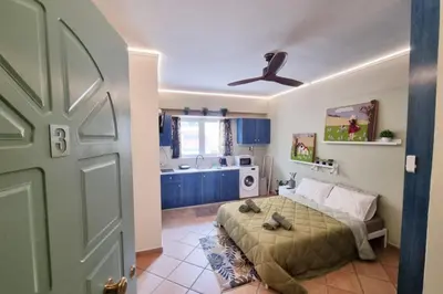 a bedroom with a bed and a ceiling fan at Pavlina Artistic Βeauty 33sqm metro 7' in Athens