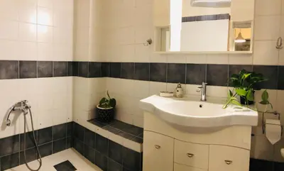 a bathroom with a sink and a shower at Zenscapes in Athens
