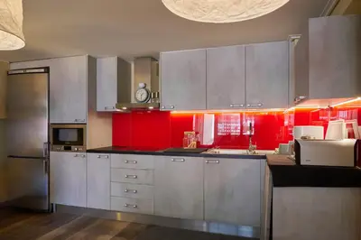 a kitchen with stainless steel appliances and red walls at Cool ambiance, 2Brs , Private Garden & Parking in Athens