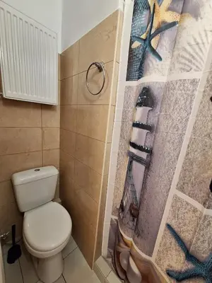 a bathroom with a toilet and a shower curtain at Central Modern Stay Apartment-5min walk from metro in Athens