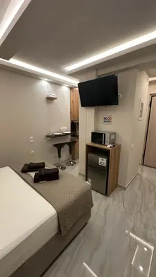 a bedroom with a bed and a desk and a television at Lush Studio Apartment in Athens