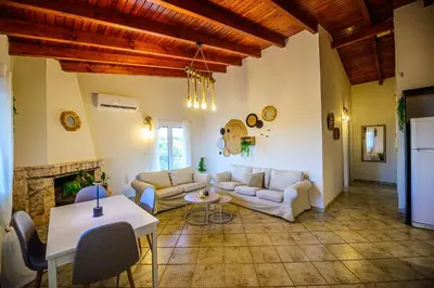 a living room with couches and a fireplace at NoamansHouse SeaView near Airport in Artemida