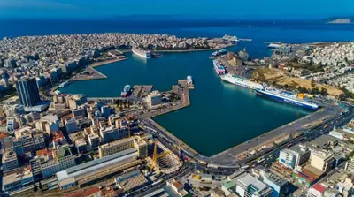 an aerial view of a harbor in a city at The George in Piraeus
